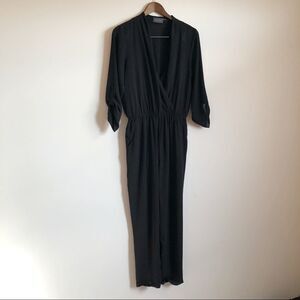 Astr The Label Silky V Neck Roll Sleeve Cinched Waist Jumpsuit Black